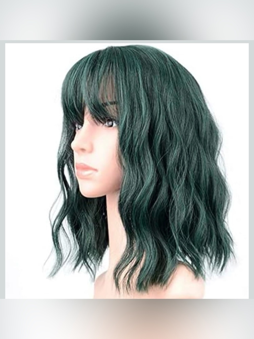 Deep Green Mid-Length Wavy Wig with Bangs  • Adjustable Cap